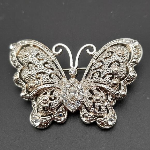 Vintage Silver Tone Clear Rhinestone Butterfly Brooch Pin - 2 1/8 Inches - Picture 9 of 10
